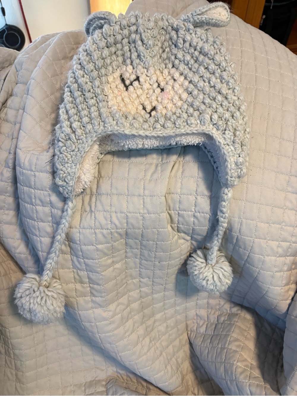 Kids Plush Earflap Knit Hat with ear Pom Poms - Light grey